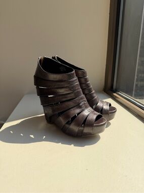 Ash Women's Dark Brown Strappy Leather Wedge Sandals